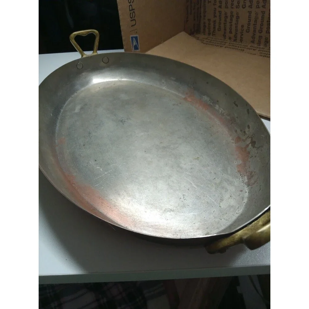 Vintage Copper Oval Au Gratin Pan Brass Handles 8x 12” Patina Condition As Pictu